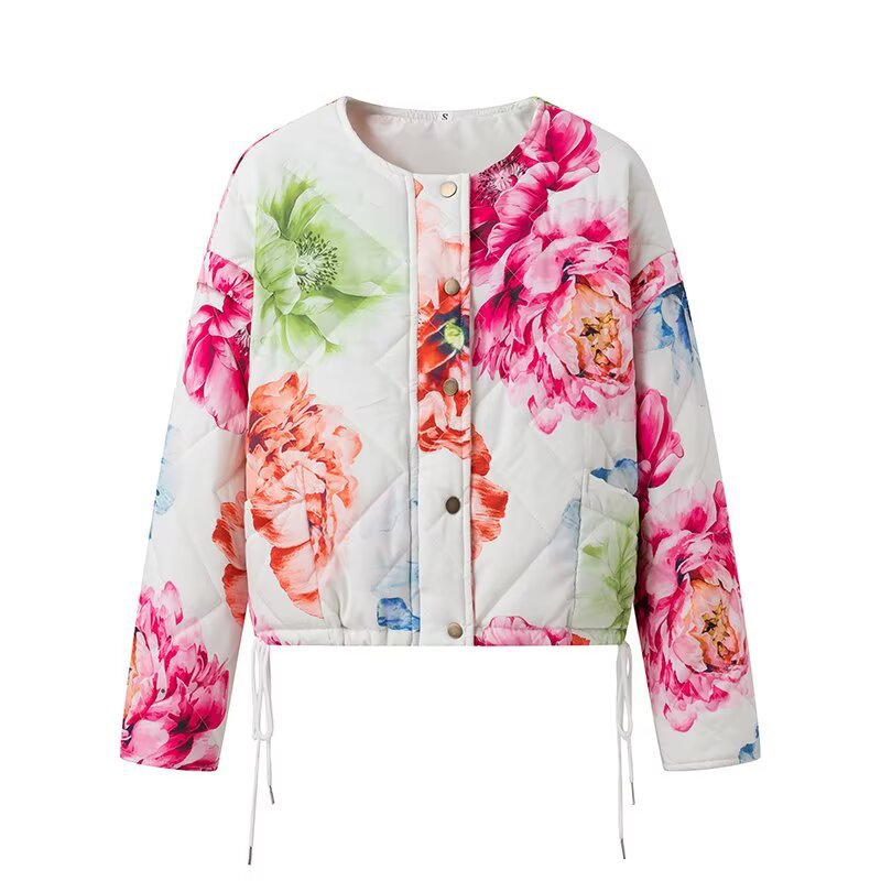 Damen Knopf Daunen Steppjacke | Blumenmuster