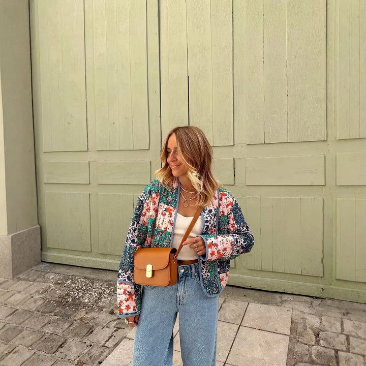 Damen Steppjacke mit Blumen Druck | Langarm
