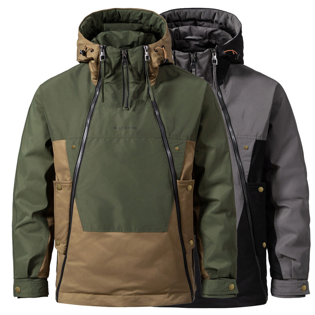 Herrenjacke mit doppeltem Reißverschluss und Stehkragen | Kapuze