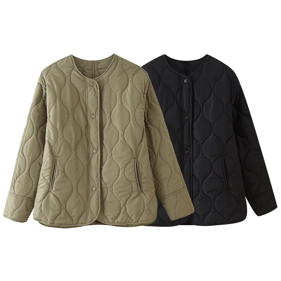 Damen Knopf Daunen Steppjacke | Rundhalsausschnitt