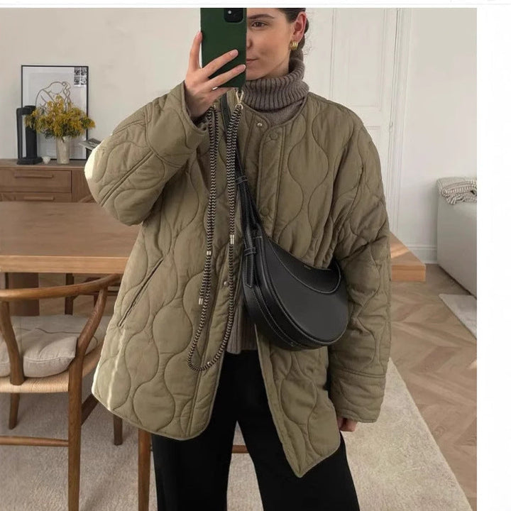 Damen Knopf Daunen Steppjacke | Rundhalsausschnitt