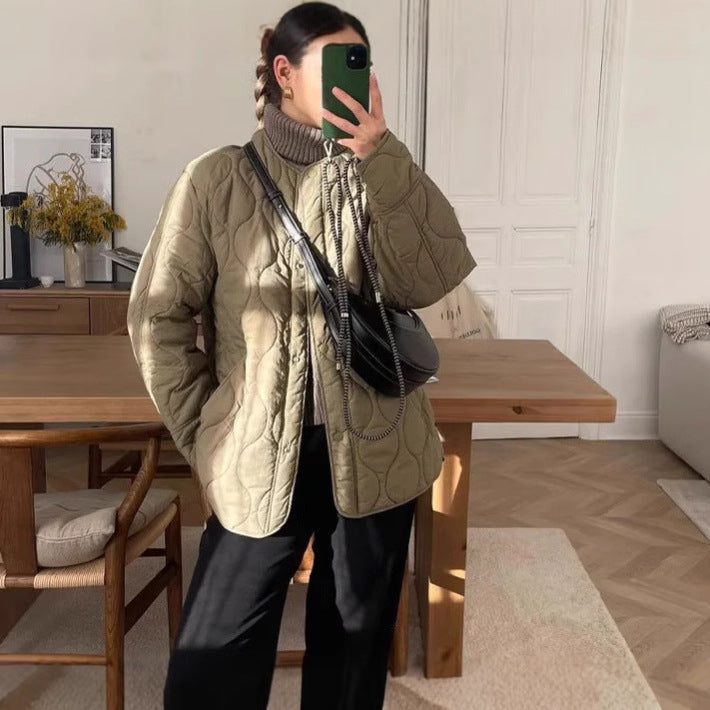 Damen Knopf Daunen Steppjacke | Rundhalsausschnitt