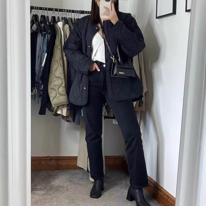 Damen Knopf Daunen Steppjacke | Rundhalsausschnitt