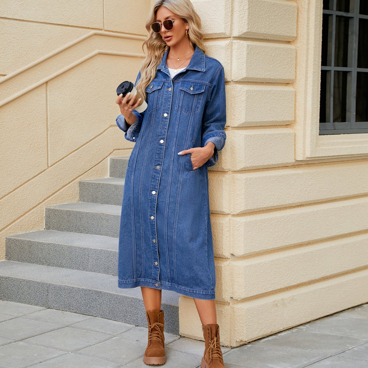 Damen Lange Knopf Daunen Jeansjacke | Mehrere Taschen