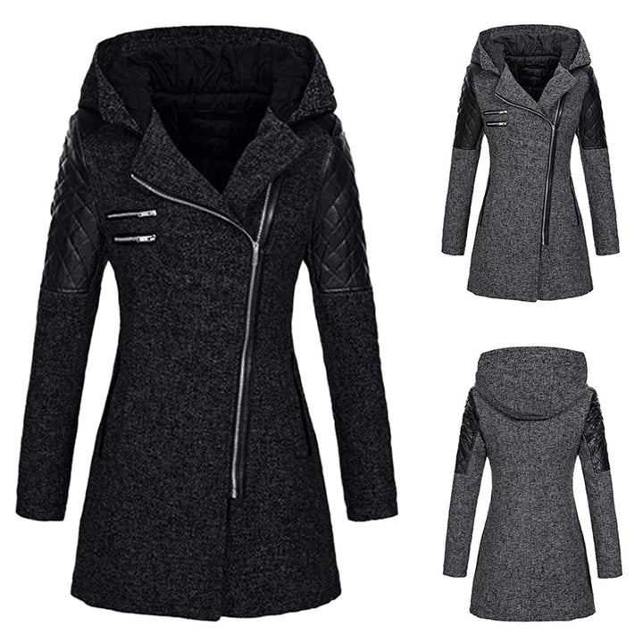 Damen-Langjacke mit Kapuze und gesteppten Ärmeln | Asymmetrischer Reißverschluss