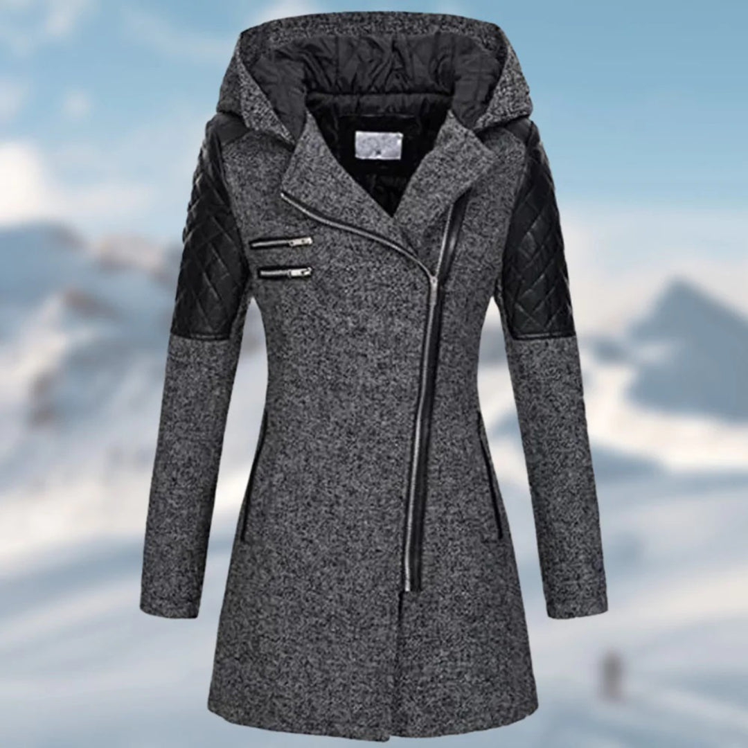 Damen-Langjacke mit Kapuze und gesteppten Ärmeln | Asymmetrischer Reißverschluss