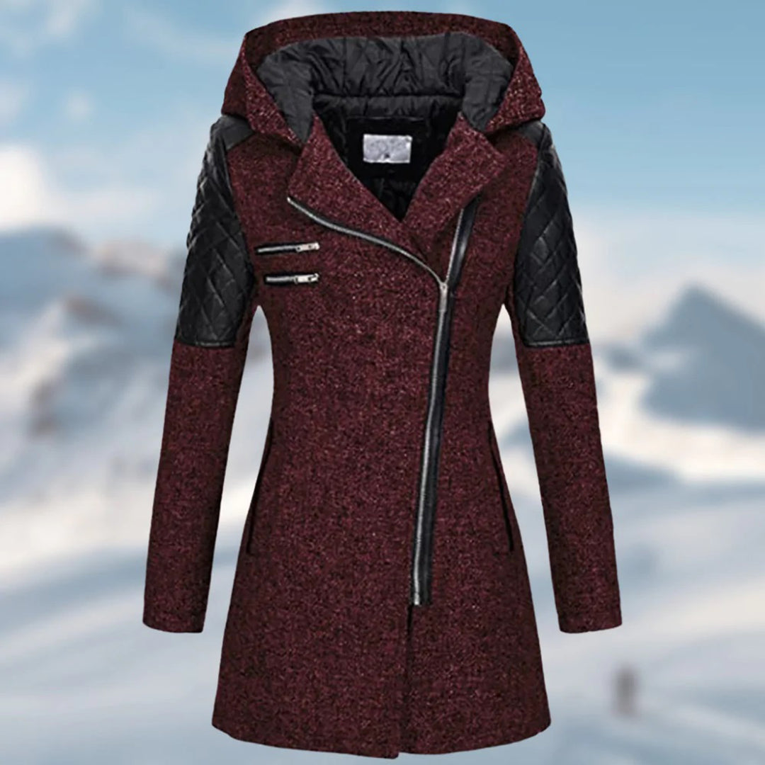 Damen-Langjacke mit Kapuze und gesteppten Ärmeln | Asymmetrischer Reißverschluss