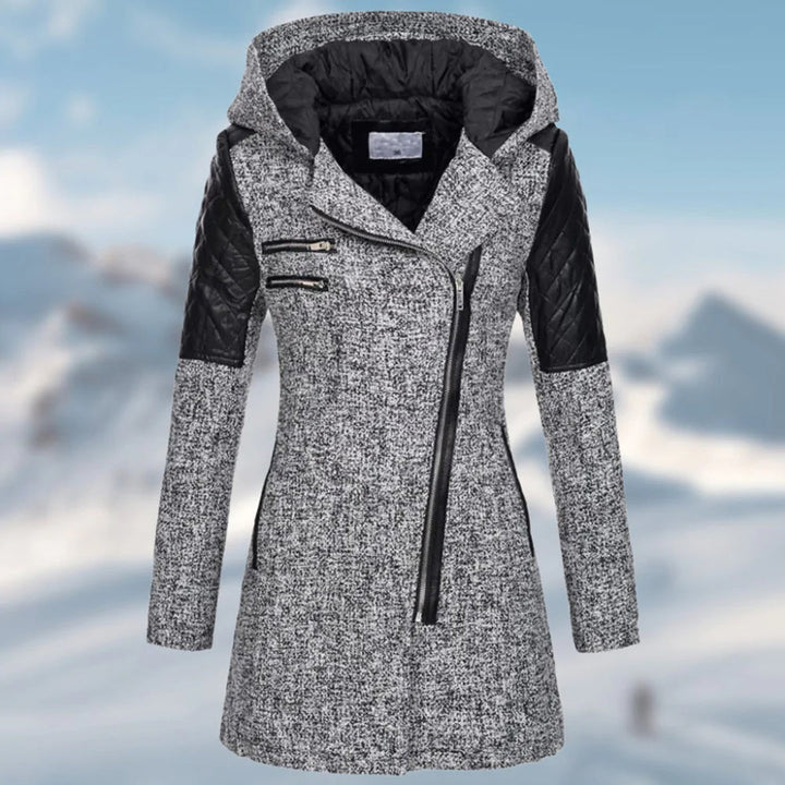 Damen-Langjacke mit Kapuze und gesteppten Ärmeln | Asymmetrischer Reißverschluss