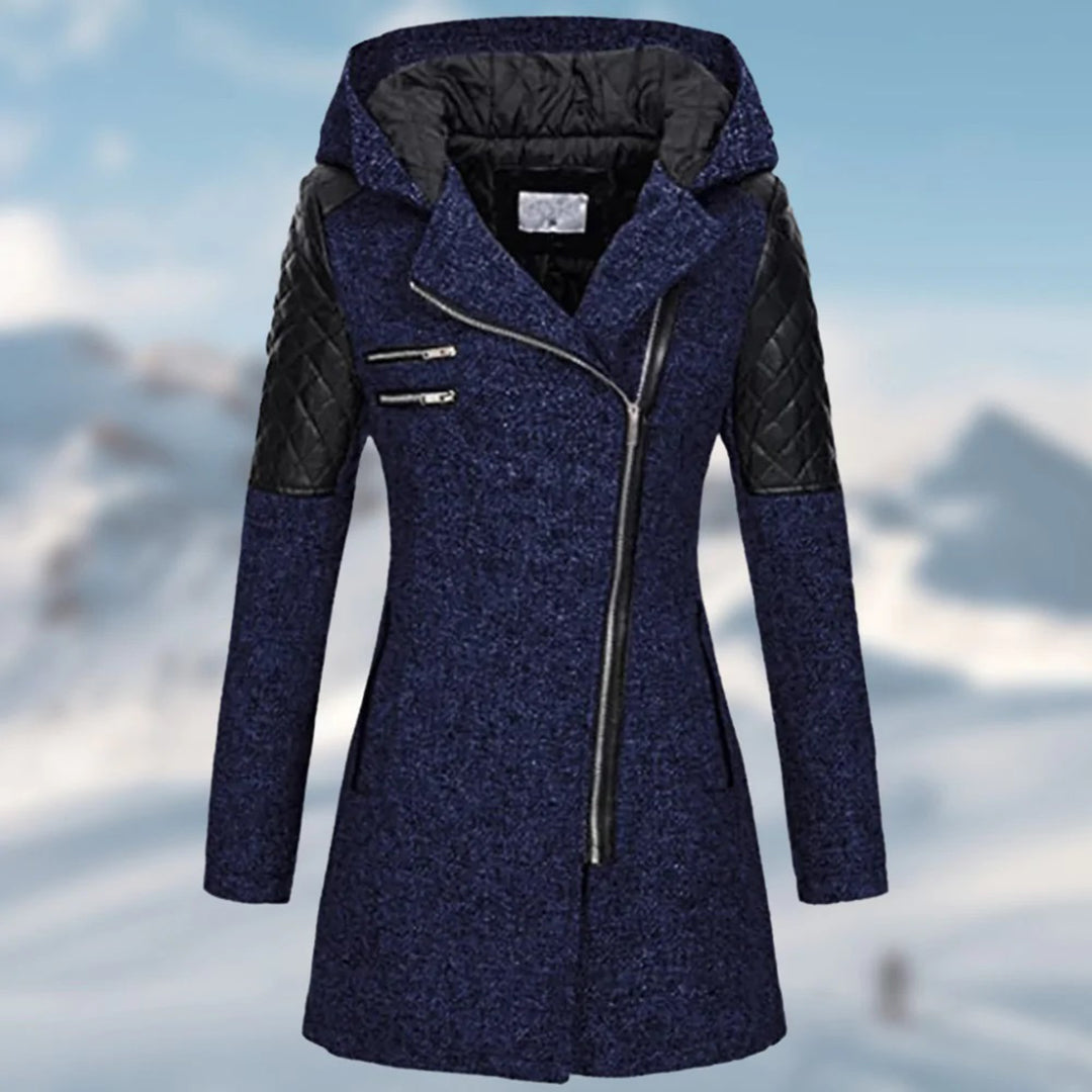 Damen-Langjacke mit Kapuze und gesteppten Ärmeln | Asymmetrischer Reißverschluss