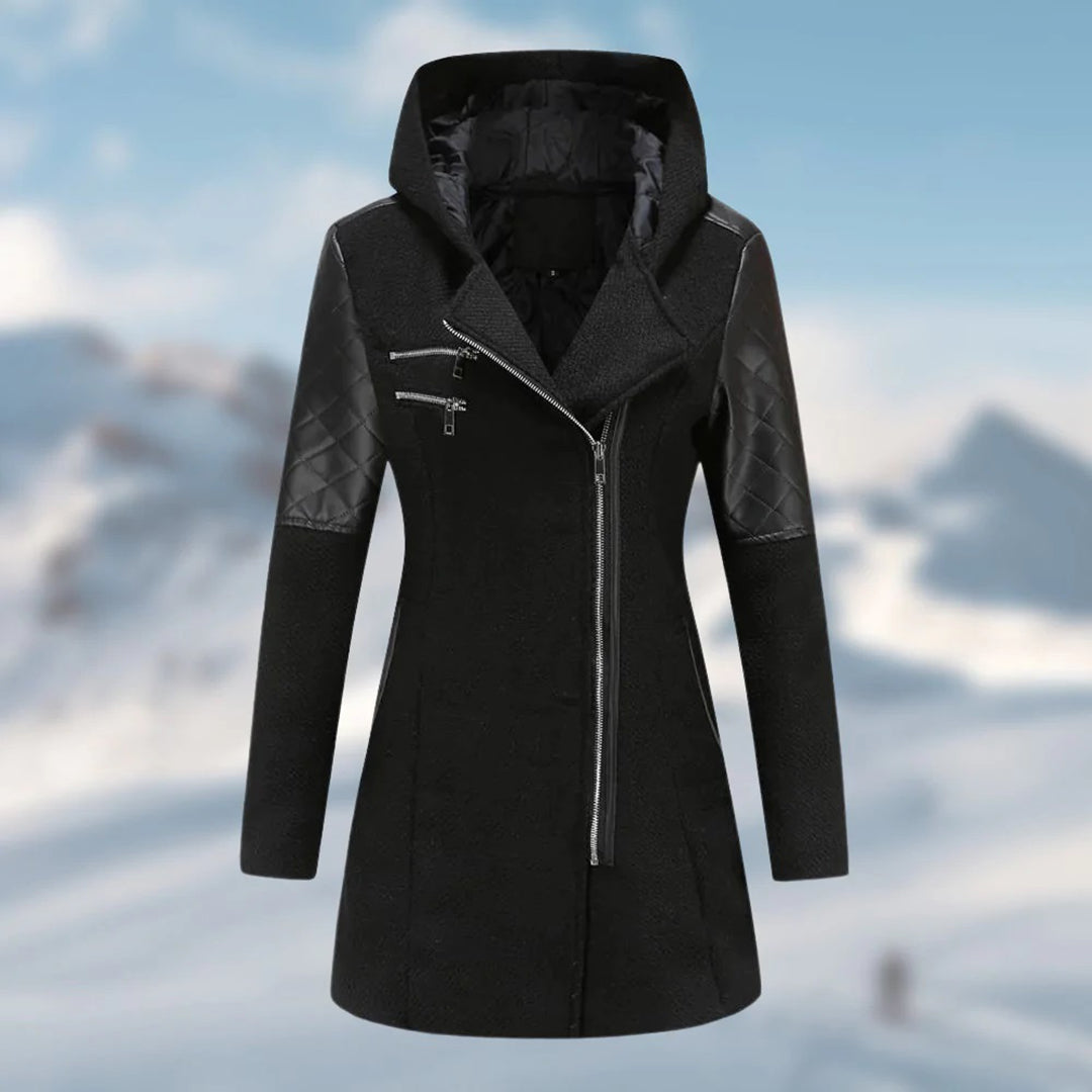 Damen-Langjacke mit Kapuze und gesteppten Ärmeln | Asymmetrischer Reißverschluss