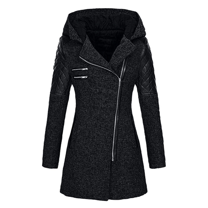 Damen-Langjacke mit Kapuze und gesteppten Ärmeln | Asymmetrischer Reißverschluss
