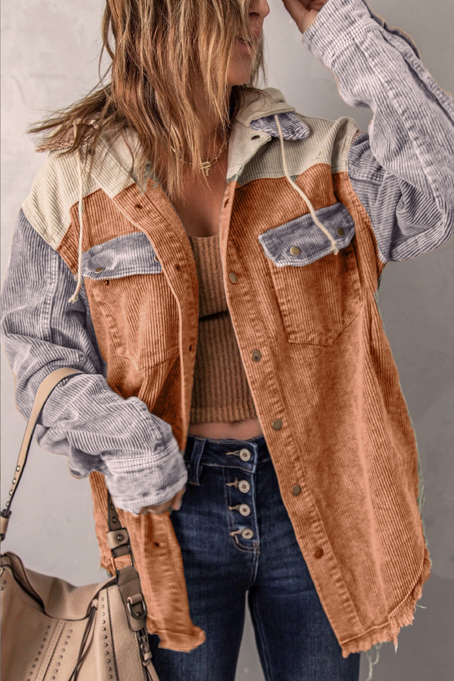 Damen Übergroße Cord Jacke | Knopf Daunen