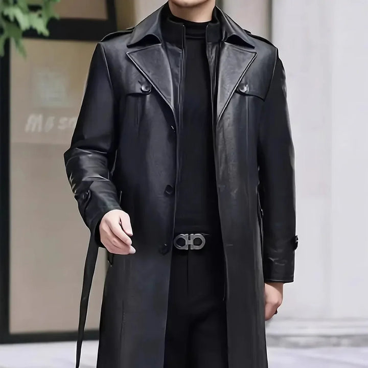 Herren Schwarz Locker geschnittener langer Trench Coat | Gürtel