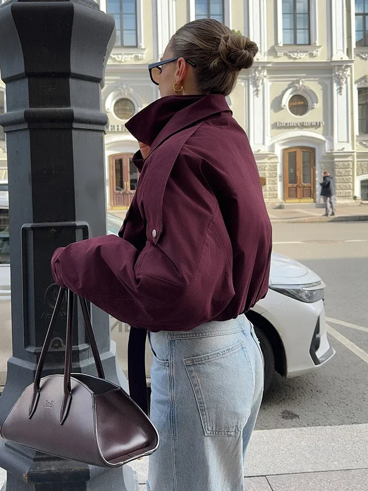 Damen- Kurze jacke in Uni-Farbe |  Hoher Kragen