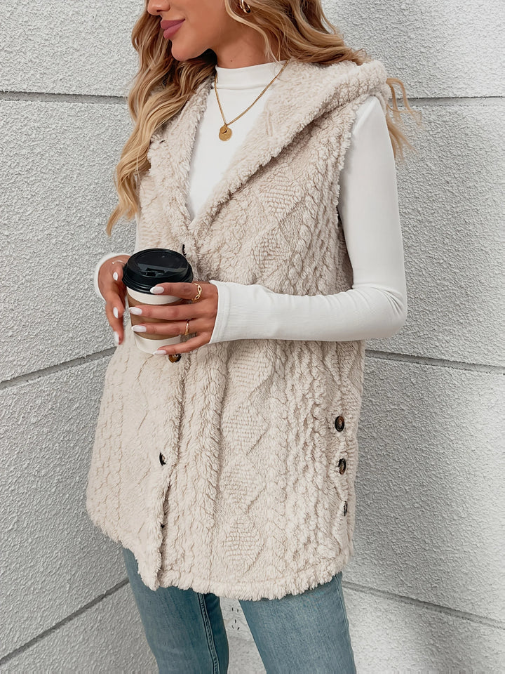 Damen Strick Kapuzen Fleece Jacke | Ärmellos