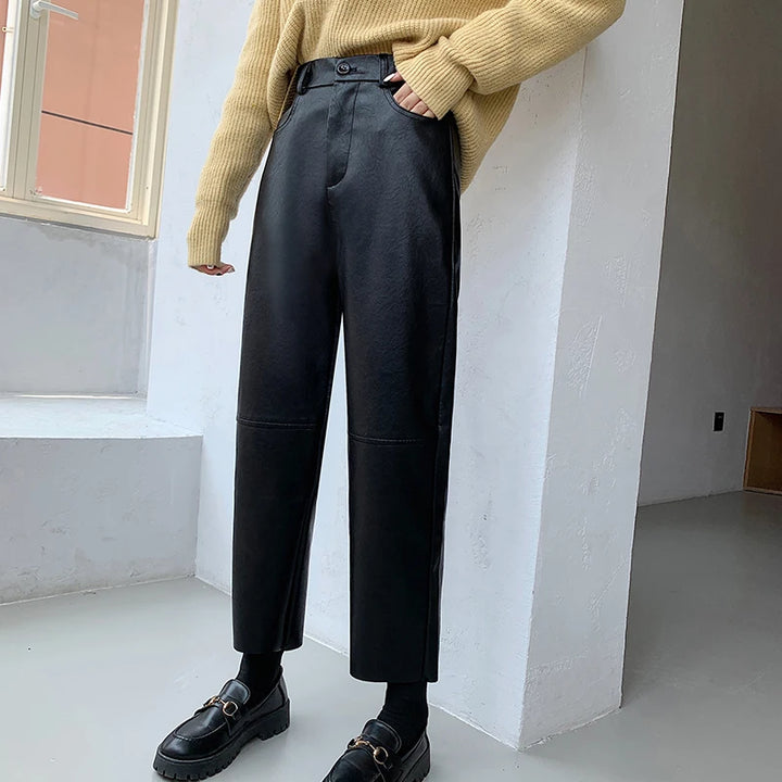 Lockere elegante high-waist-hose im lederlook