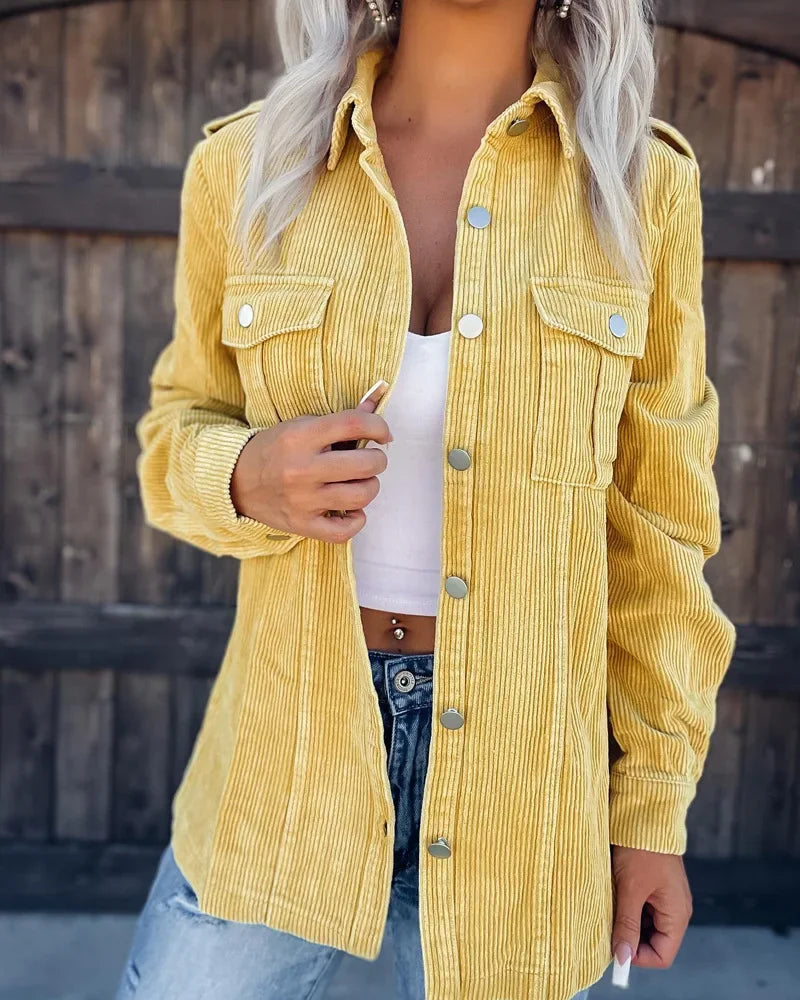 Damen Lange Cord Jacke mit Knopfleiste | Vordertaschen
