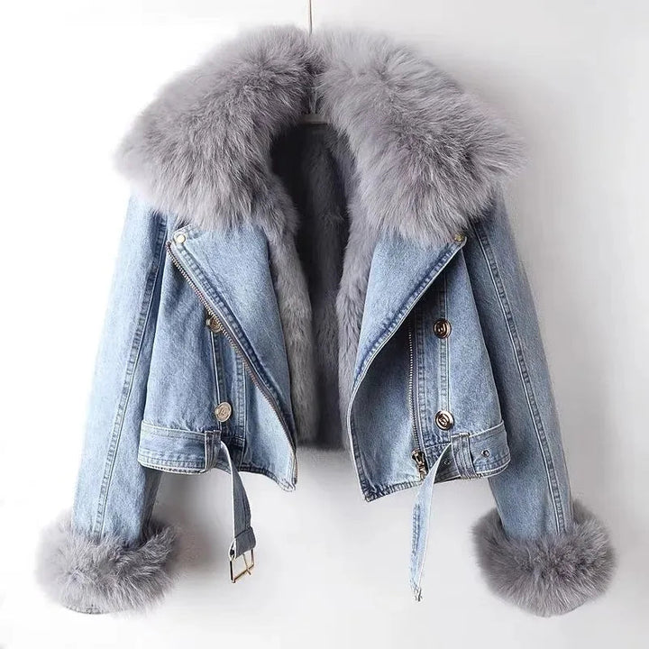 Damen Kurze Jeansjacke mit Reißverschluss | Kapuze