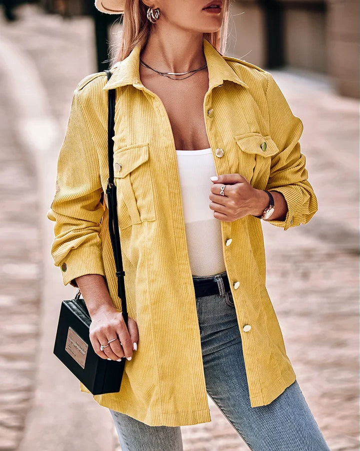 Damen Lange Cord Jacke mit Knopfleiste | Vordertaschen