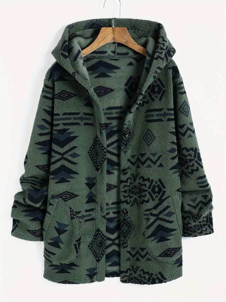 Fleece Jacke mit Azteken-Muster für Damen | Lang