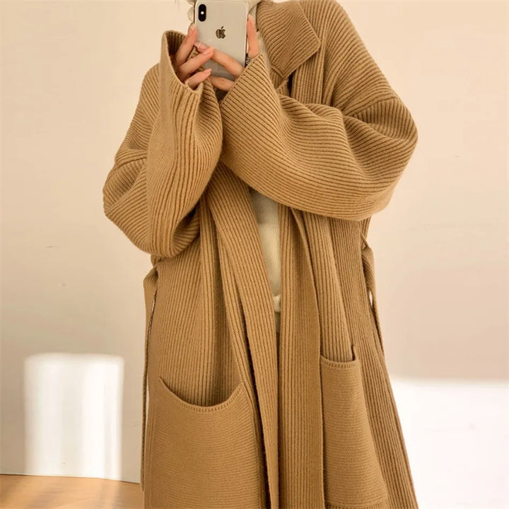 Damen Langer Übergroß-Strickmantel | Fronttaschen