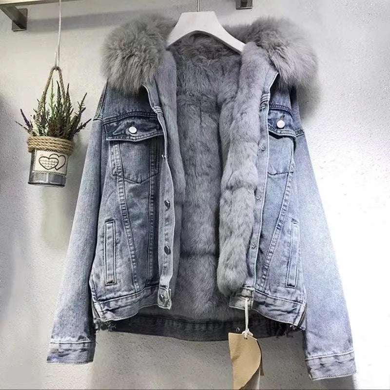 Damen Warme Dicke Winter Jeansjacke | Kapuze