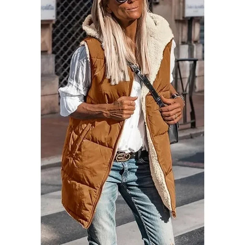 Damen Lange Warme Puffer Weste | Kapuze