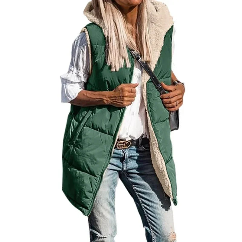 Damen Lange Warme Puffer Weste | Kapuze