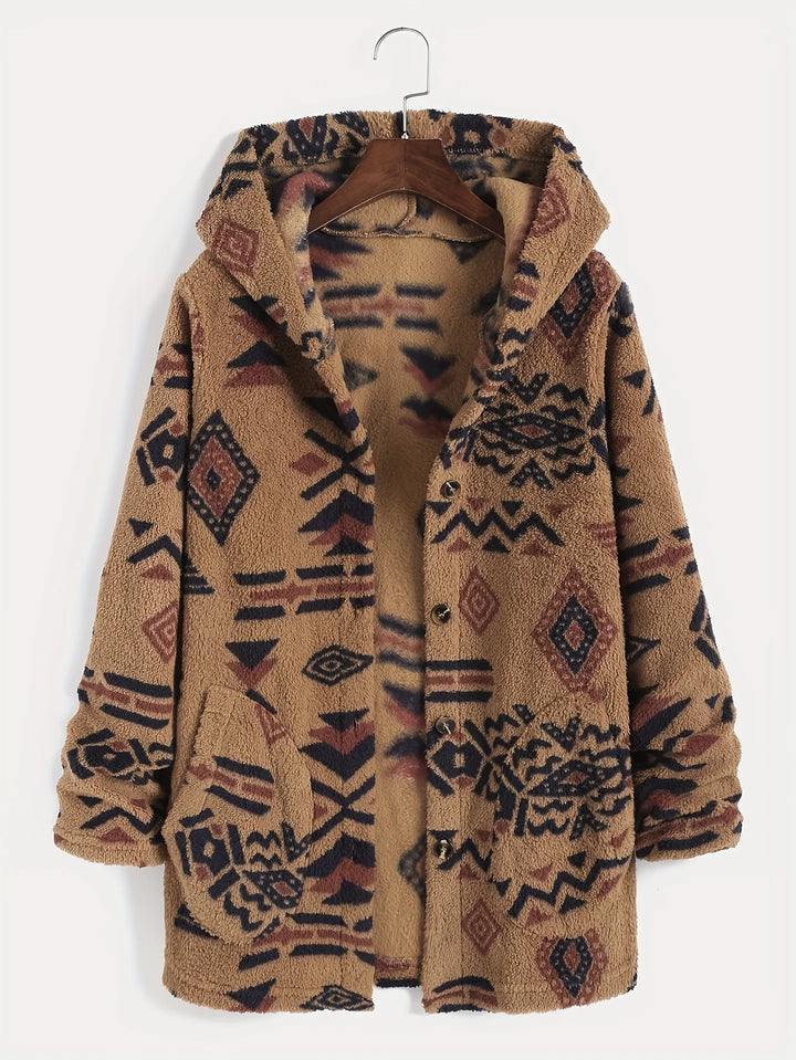 Fleece Jacke mit Azteken-Muster für Damen | Lang