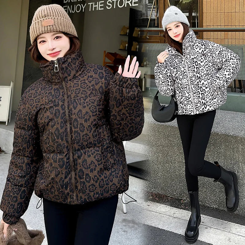 Damen-Steppjacke mit Leopardenmuster | Stehkragen