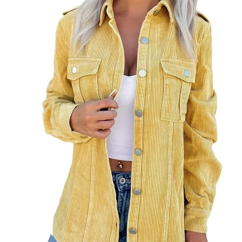 Damen Lange Cord Jacke mit Knopfleiste | Vordertaschen