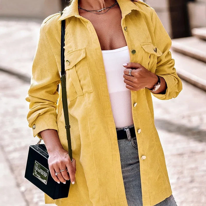 Damen Lange Cord Jacke mit Knopfleiste | Vordertaschen