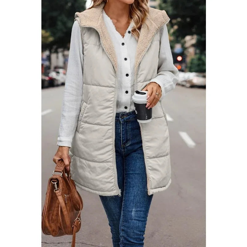 Damen Lange Warme Puffer Weste | Kapuze