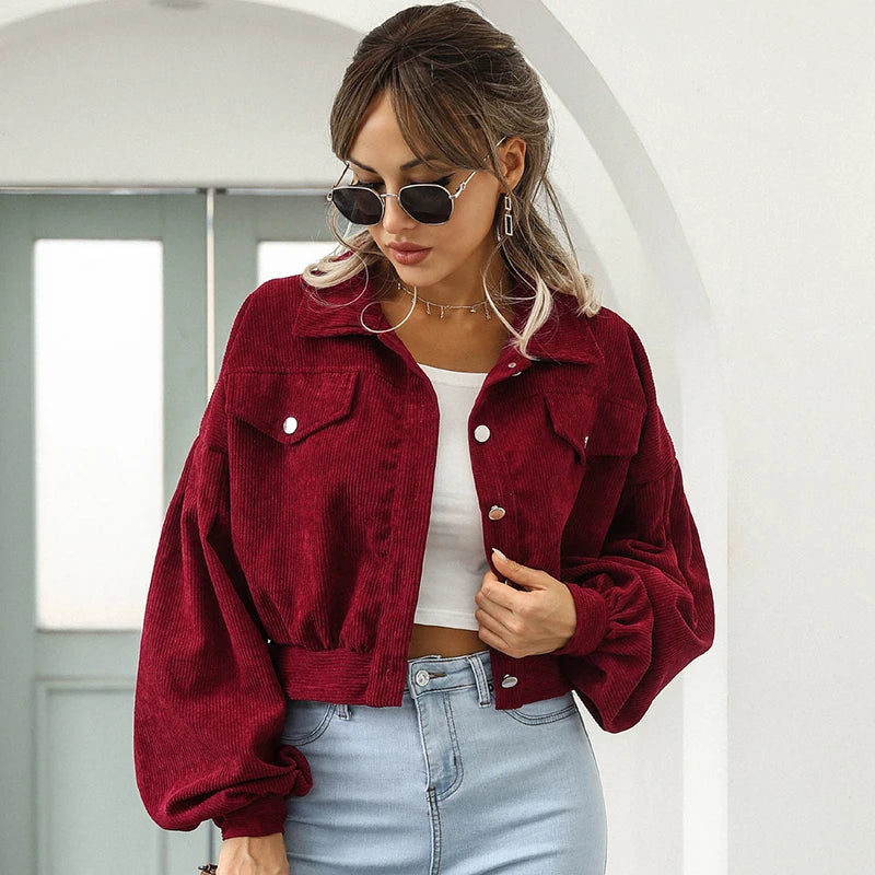 Damen Kurze Cord Jacke mit Knopfleiste | Laternenärmel