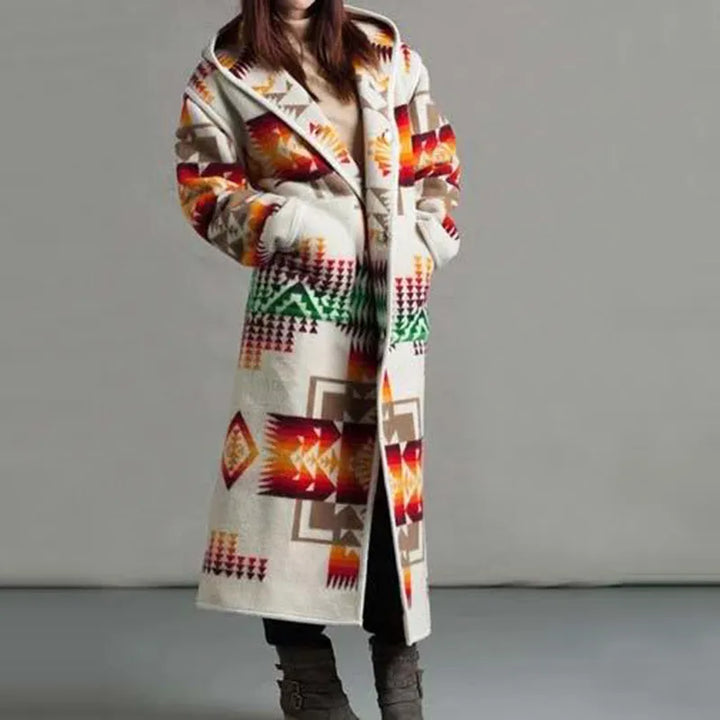 Damen-Boho-Druck Langmantel mit Fronttasche | Warme