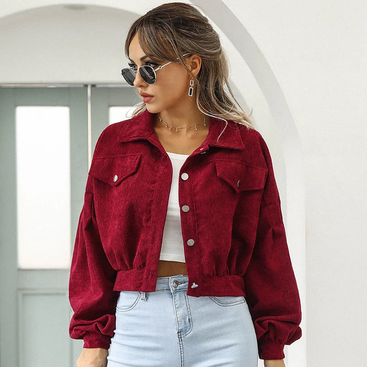 Damen Kurze Cord Jacke mit Knopfleiste | Laternenärmel