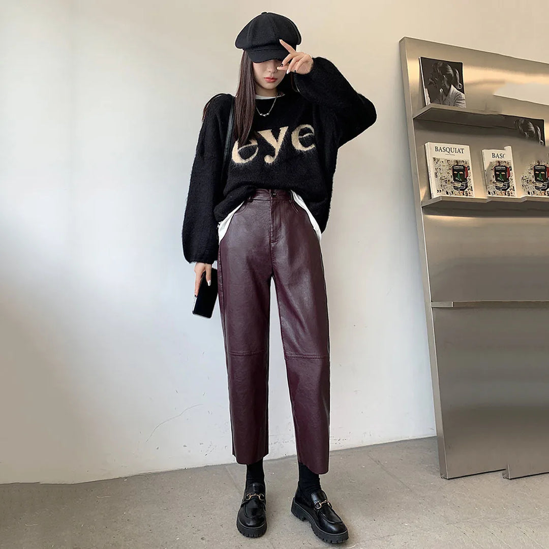 Lockere elegante high-waist-hose im lederlook