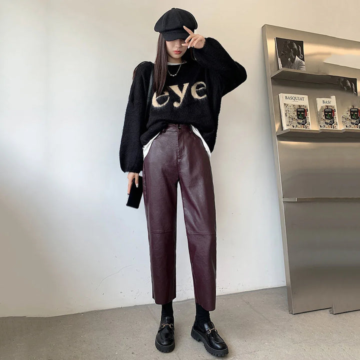 Lockere elegante high-waist-hose im lederlook