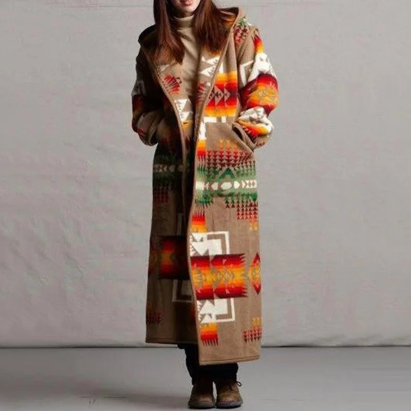 Damen-Boho-Druck Langmantel mit Fronttasche | Warme