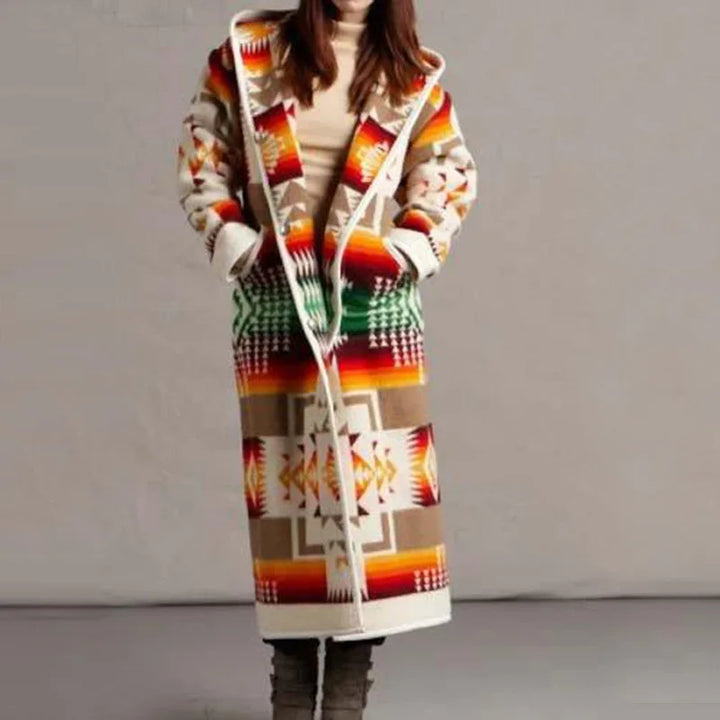 Damen-Boho-Druck Langmantel mit Fronttasche | Warme