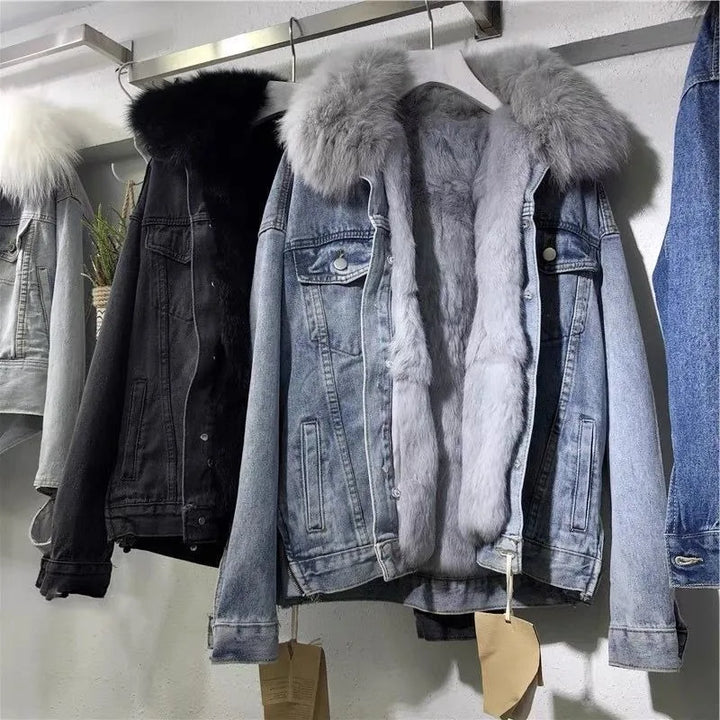 Damen Warme Dicke Winter Jeansjacke | Kapuze