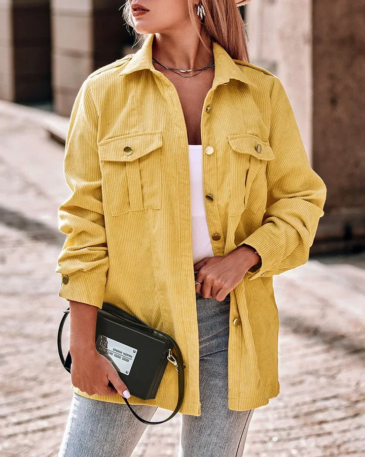 Damen Lange Cord Jacke mit Knopfleiste | Vordertaschen