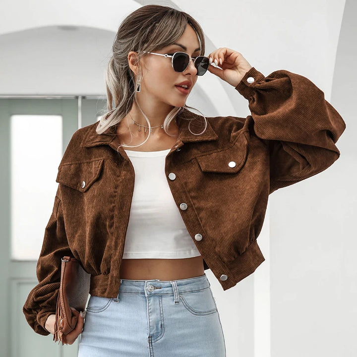 Damen Kurze Cord Jacke mit Knopfleiste | Laternenärmel