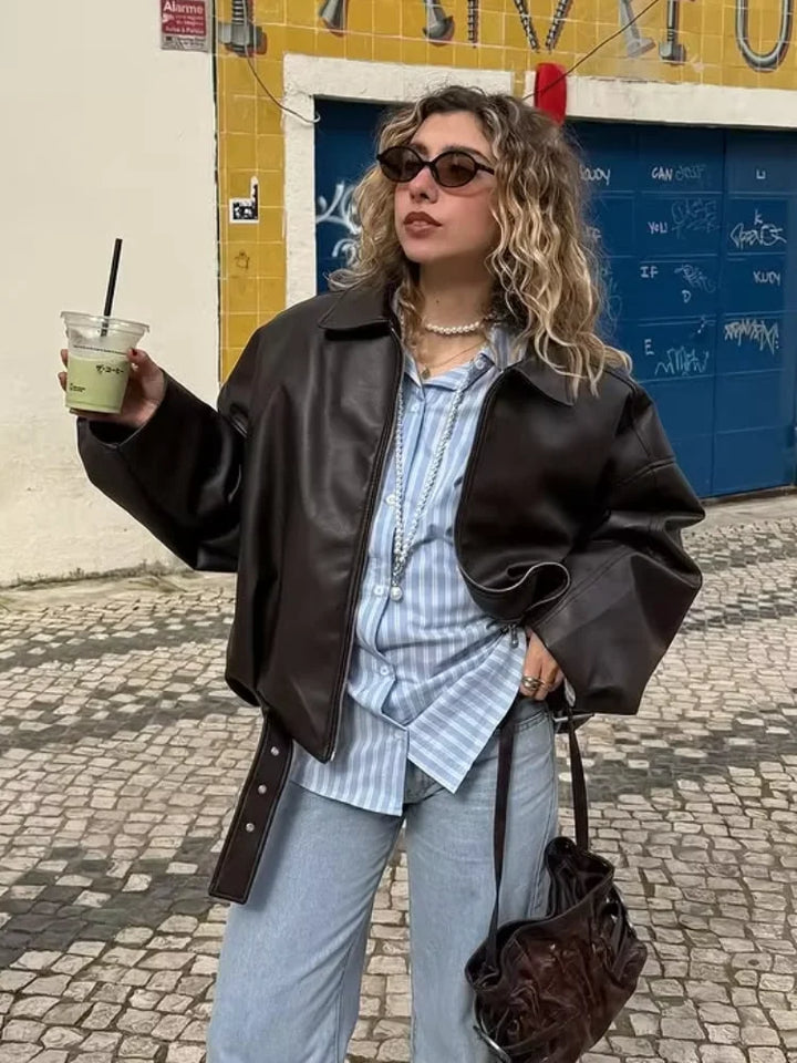 Damen Lässige Herbst-Motorradjacke | Reißverschluss