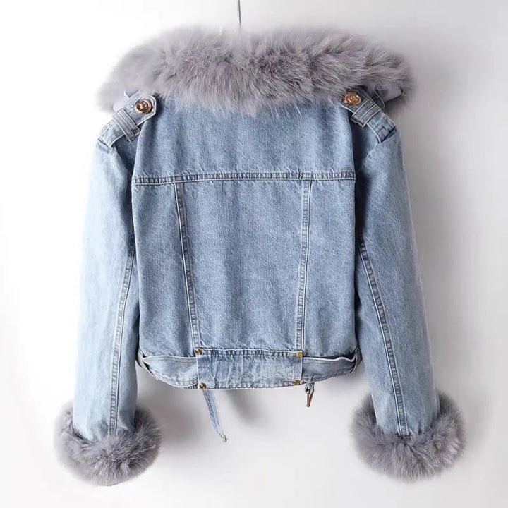 Damen Kurze Jeansjacke mit Reißverschluss | Kapuze