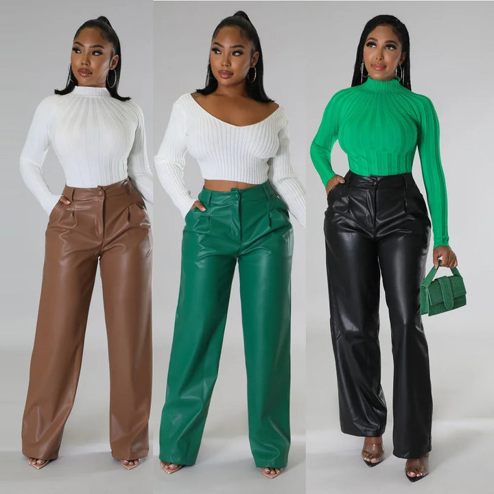 Chice lockere high-waist hose im lederlook für damen