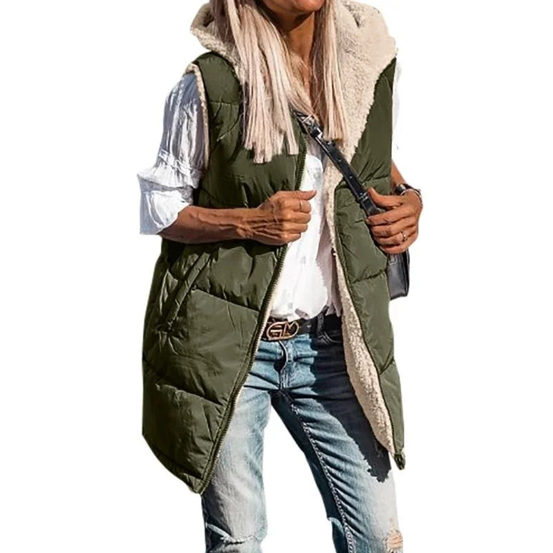 Damen Lange Warme Puffer Weste | Kapuze