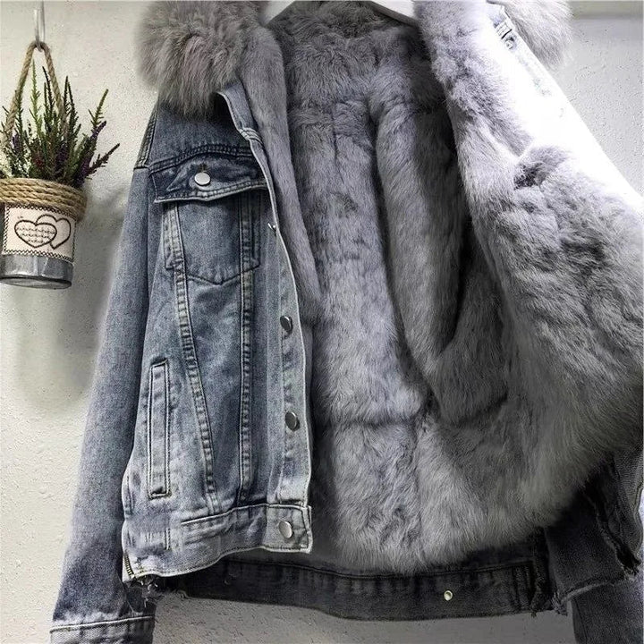 Damen Warme Dicke Winter Jeansjacke | Kapuze