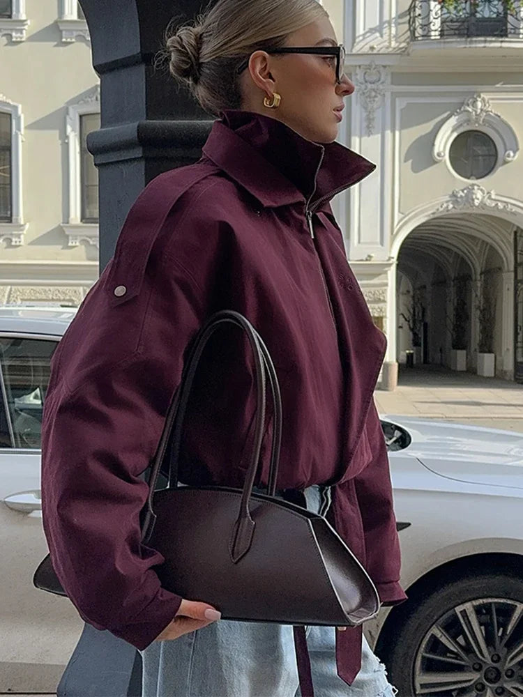 Damen- Kurze jacke in Uni-Farbe |  Hoher Kragen