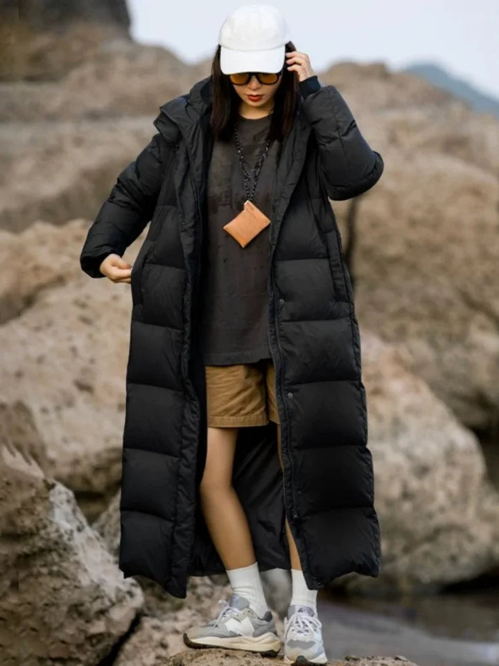 Lässige Winter jacke lang mit Kapuze für Damen | Zeitlos
